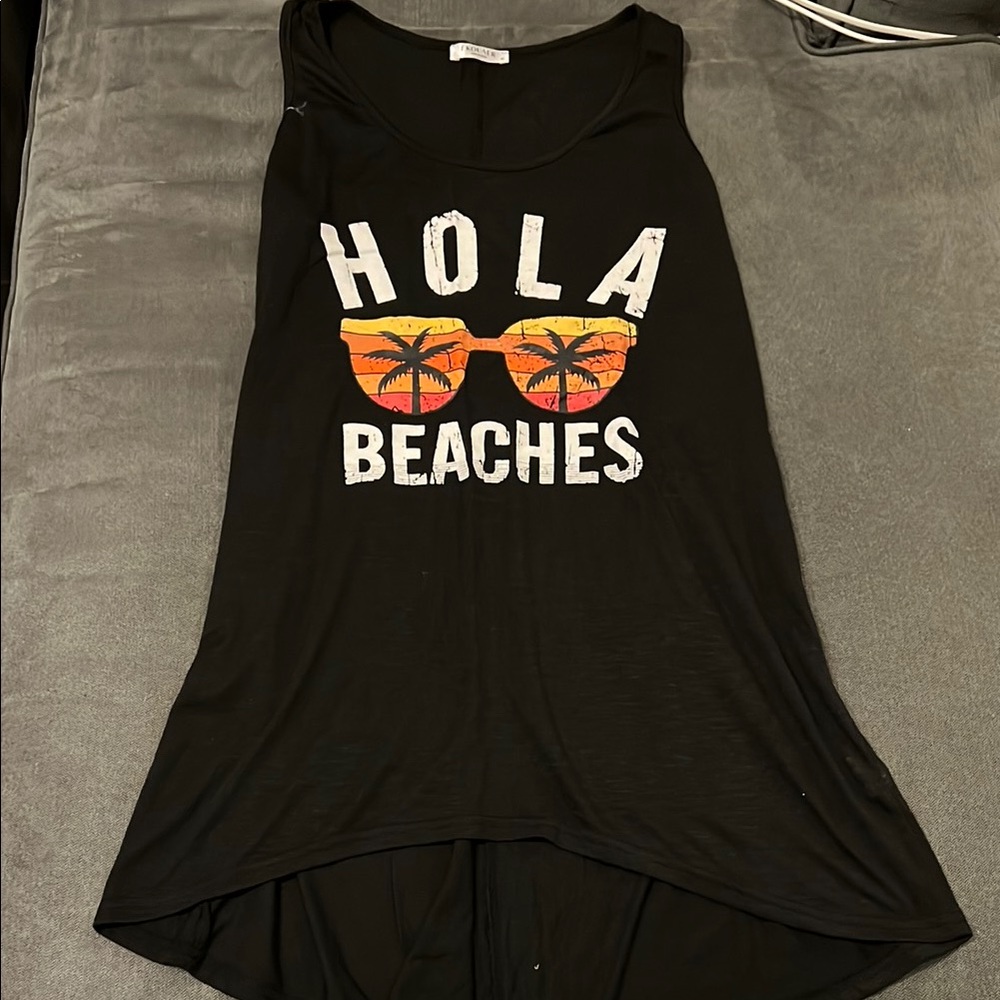 Black “Hola Beaches” Swim Coverup or cotton summer dress. Size M